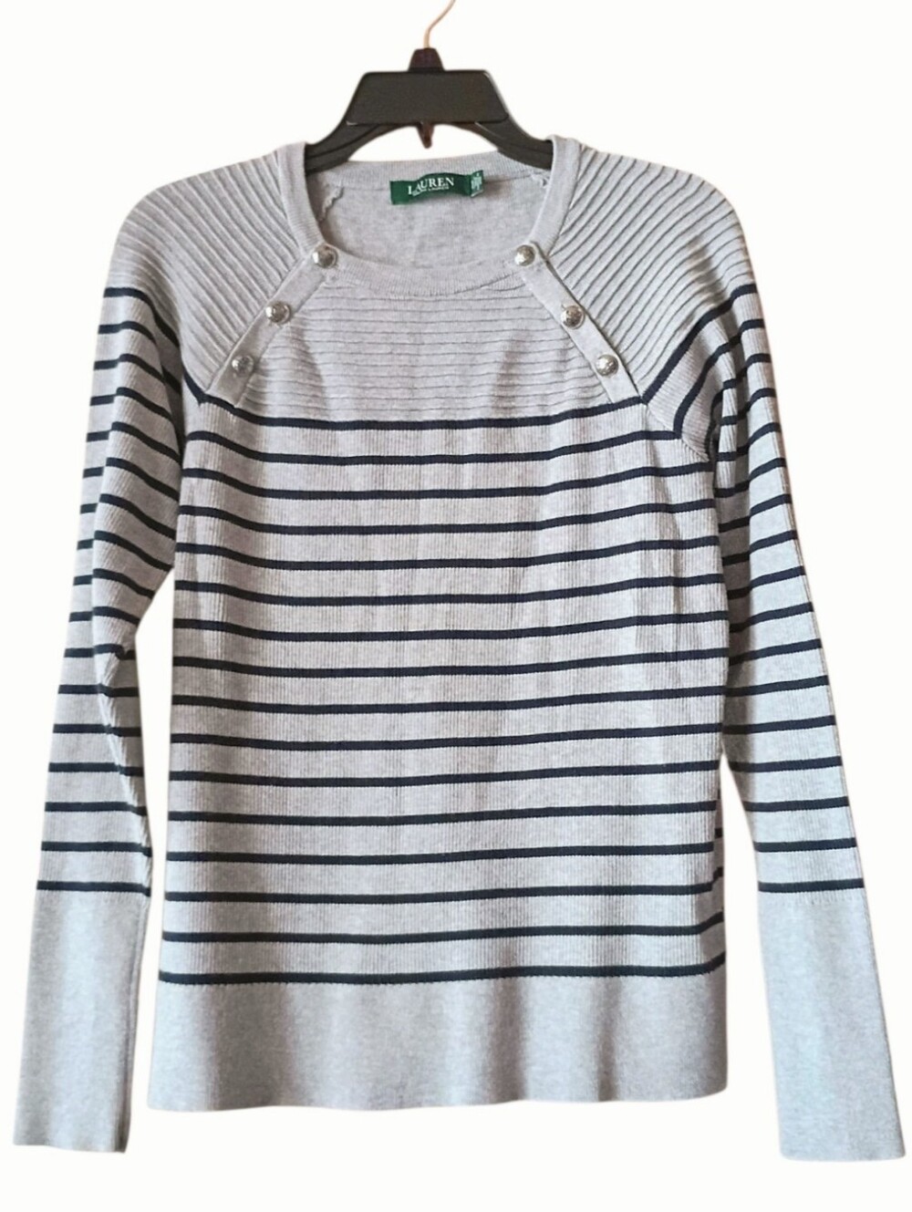 LAUREN Ralph Lauren Women's Sweater Gray Black Stripes Button Shoulders Sz XL/TG